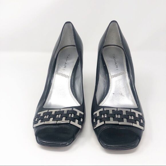 TAHARI | Black Open Toe Heels w/ Chain Accent 6.5 - Picture 2 of 8